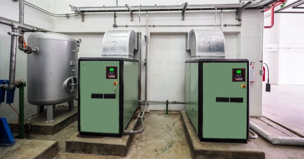 Two industrial-sized air compressors with green casing installed on a factory floor with ventilation shafts coming off of them.